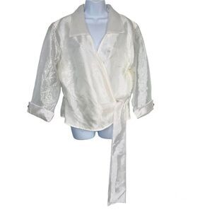 Vintage Helene Blake Evening Womens XL Petite Wrap Blouse White Sheer